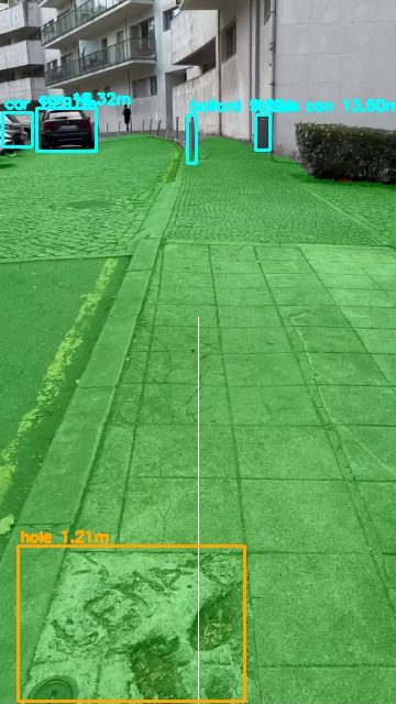 A stone pavement with a broken hole outlined in orange, labelled hole 1.2 meters. WisePath says: Careful, hole ahead, about 1 meter.