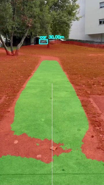A park path shown in green with grass in red on both sides. WisePath says: Grass on your left. Move a little to the right.